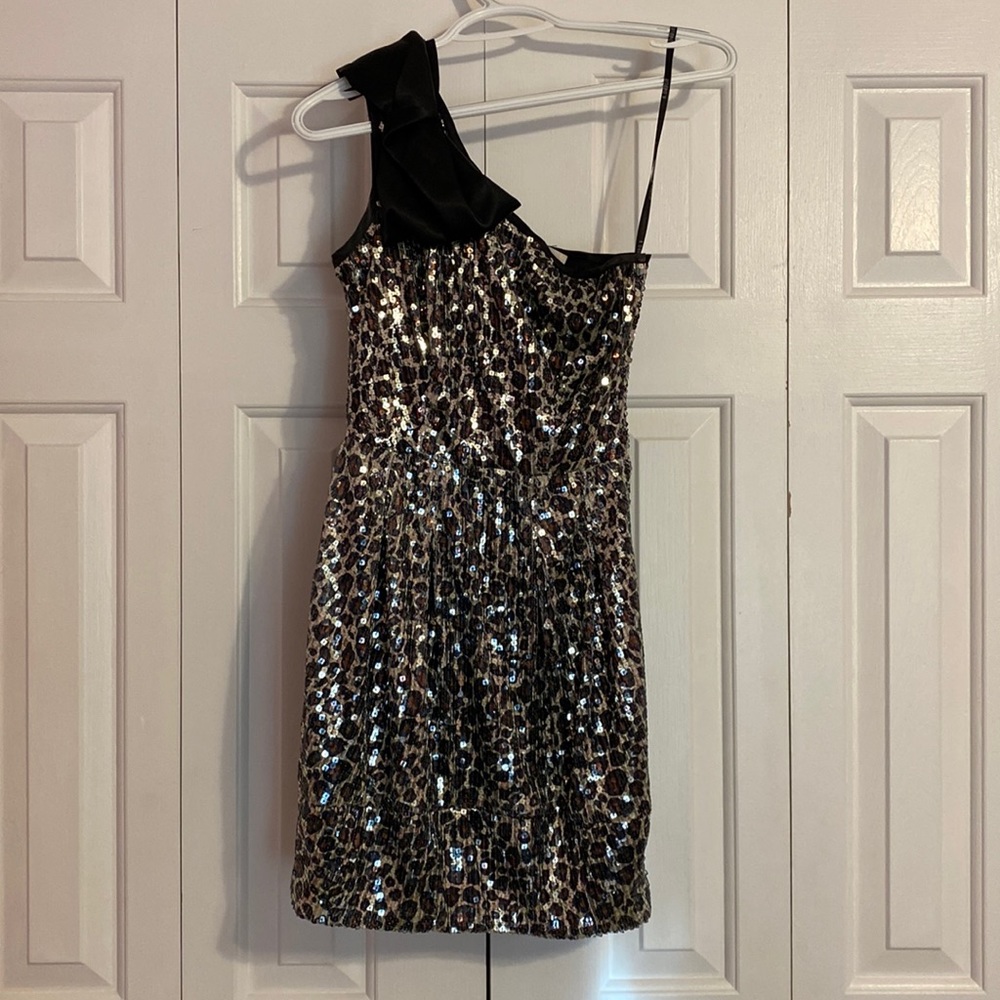 Sequin leopard one shoulder dress